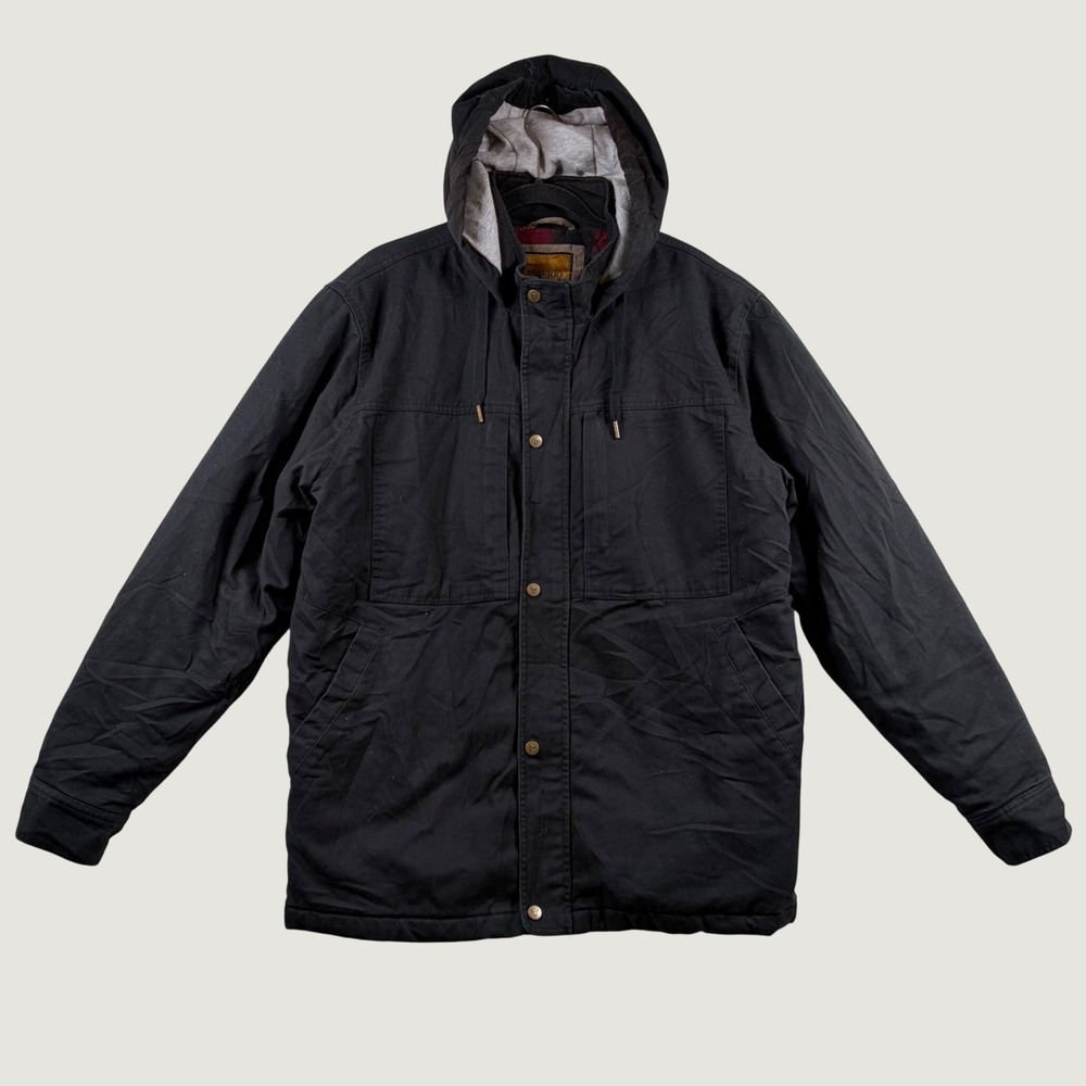 Venado Mens Canvas Work Jacket Black Hooded Flannel Lined Quilted Utility Coat L